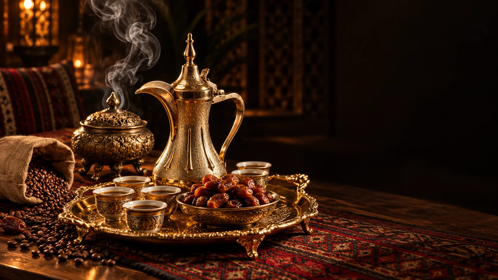 مشهد ضيافة سعودي فاخر يجمع القهوة والتمر والبخور